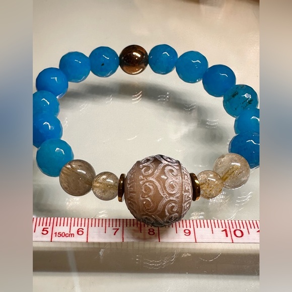 BLUE AGATE + JAK HORNS NATURAL STONES BRACELET size 7.5” - Picture 7 of 13